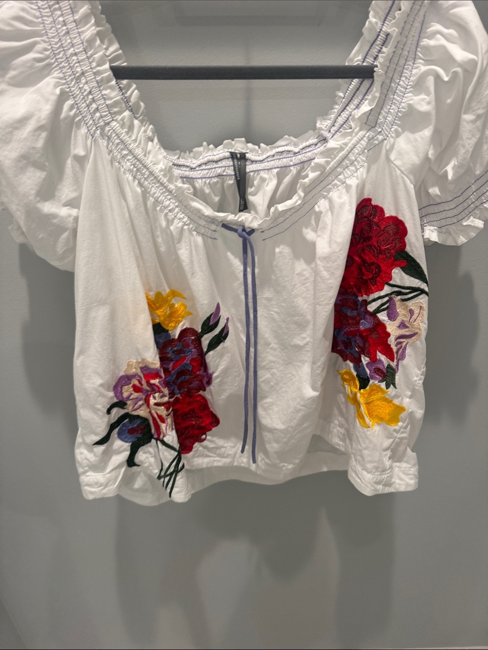 Anthropologie White Peasant Blouse with Red, Yellow, Purple & Green Embroidery